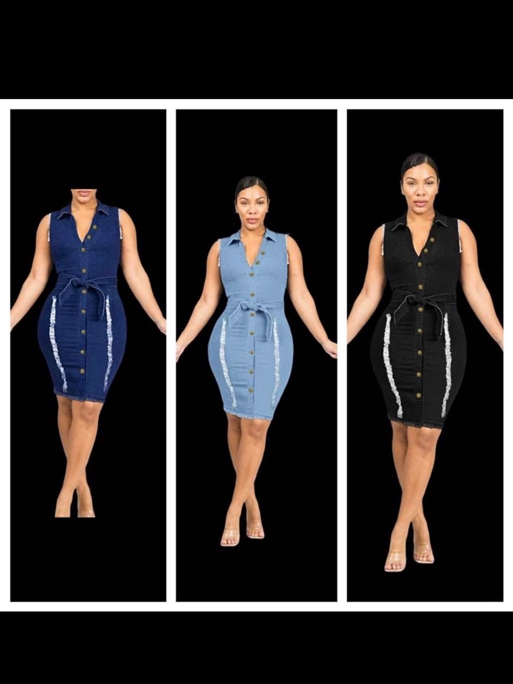 Sleeveless Button-Front Denim Dress with Tie Waist - Blue, Light Blue, Black